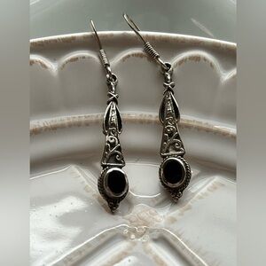 Black Stone Drop Earrings Vintage Sterling Silver 925 NOS